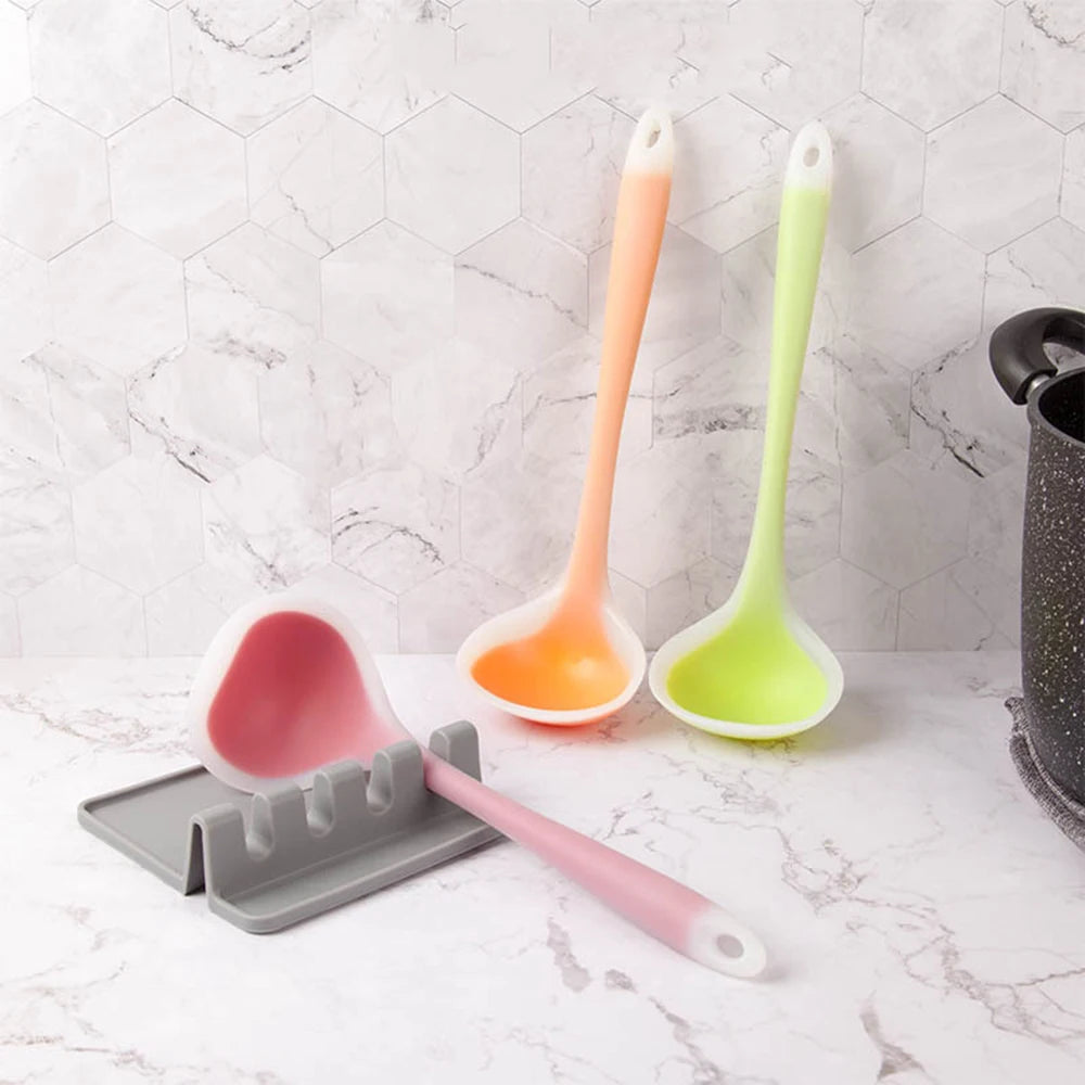 Long Handle Silicone Soup Spoon Kitchen Non-Stick Large Food Spoons Ladle Heat Resistant Soup Scoop Home Cooking Utensils Tool