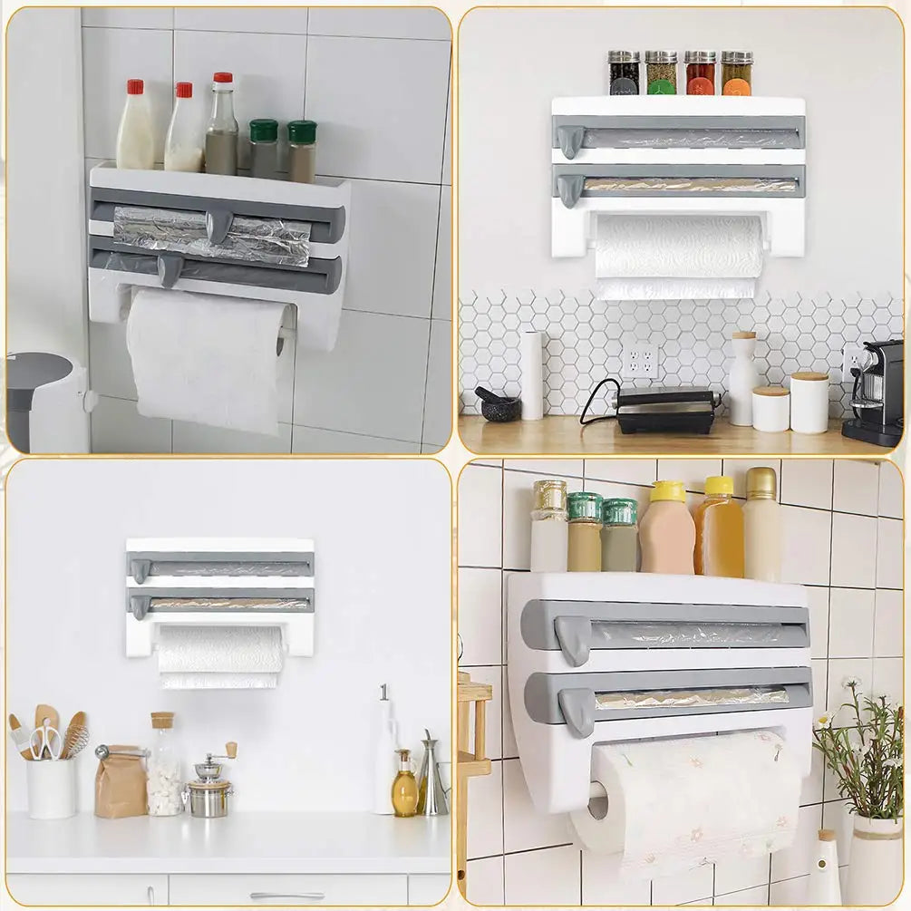 Large Food Cling Film Dispenser 4 In 1 Wall-Mounted Plastic Wrap Cutter Aluminium Foil Dispenser Kitchen Accessories Organizer