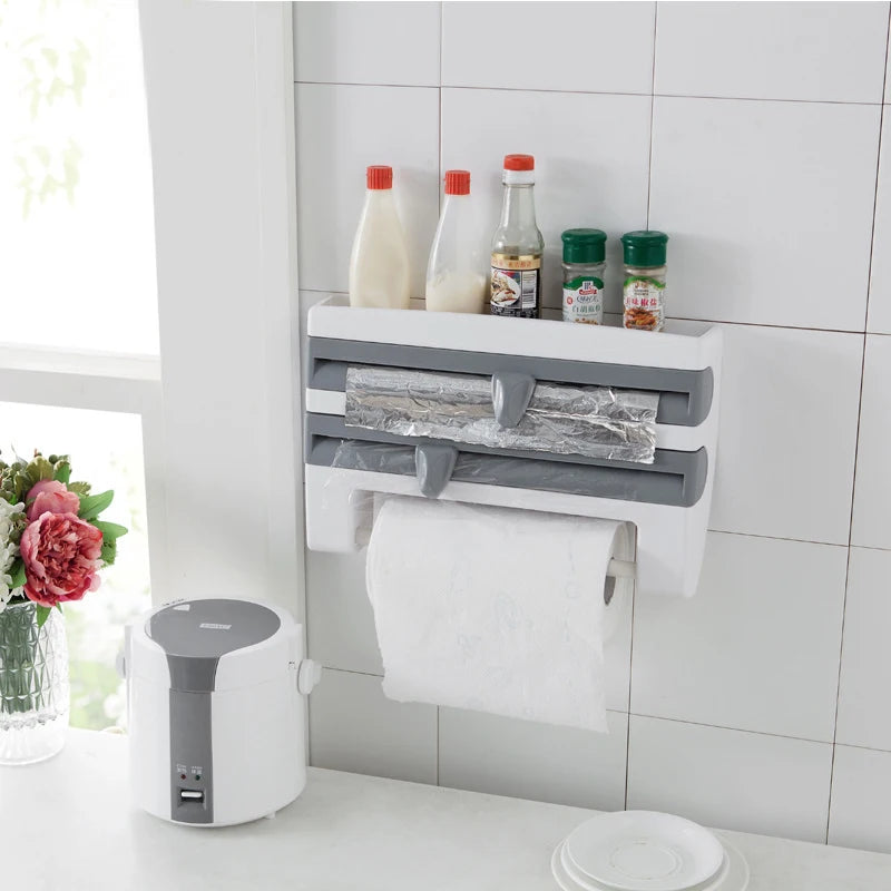 Large Food Cling Film Dispenser 4 In 1 Wall-Mounted Plastic Wrap Cutter Aluminium Foil Dispenser Kitchen Accessories Organizer