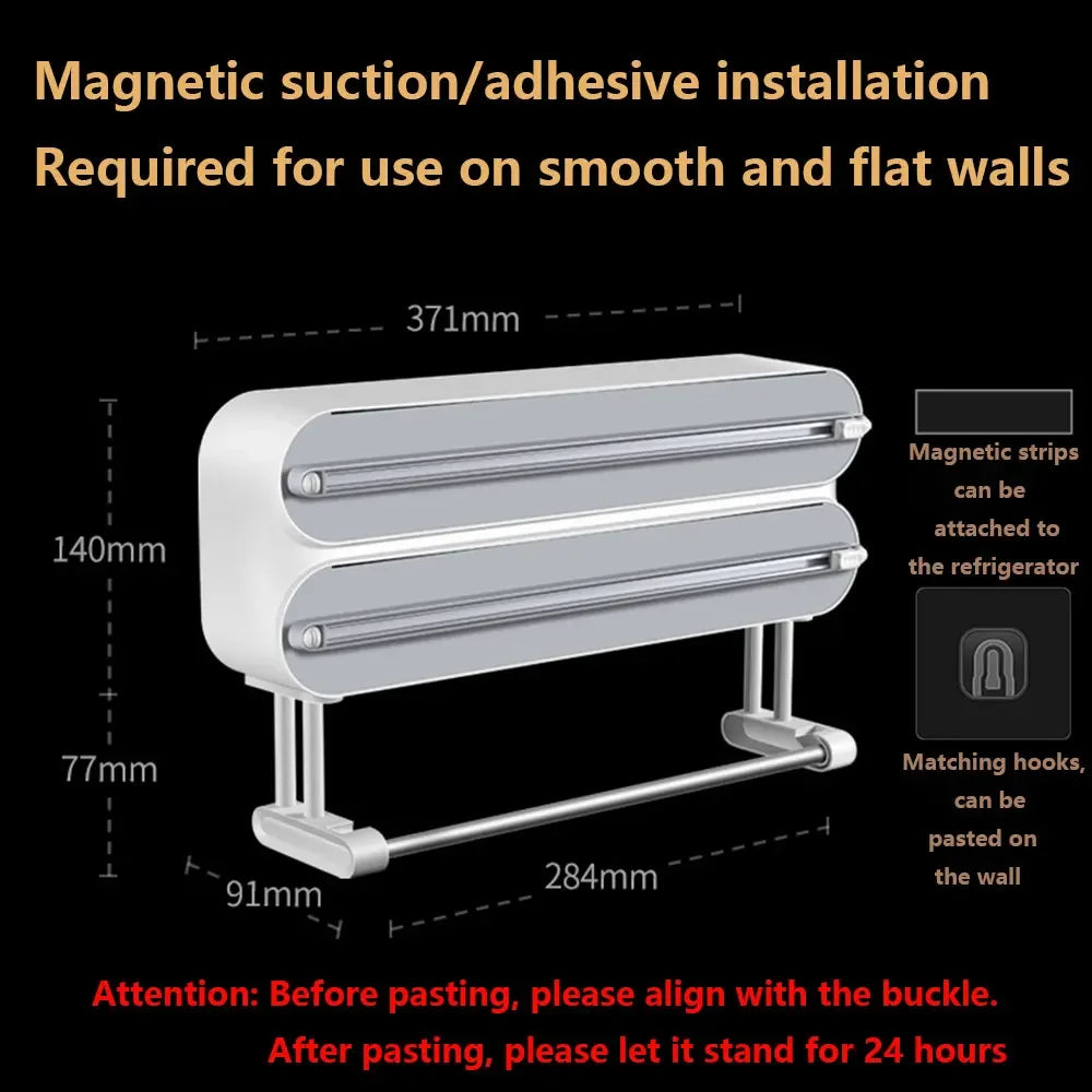 Large Food Cling Film Dispenser 4 In 1 Wall-Mounted Plastic Wrap Cutter Aluminium Foil Dispenser Kitchen Accessories Organizer