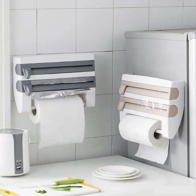 Large Food Cling Film Dispenser 4 In 1 Wall-Mounted Plastic Wrap Cutter Aluminium Foil Dispenser Kitchen Accessories Organizer