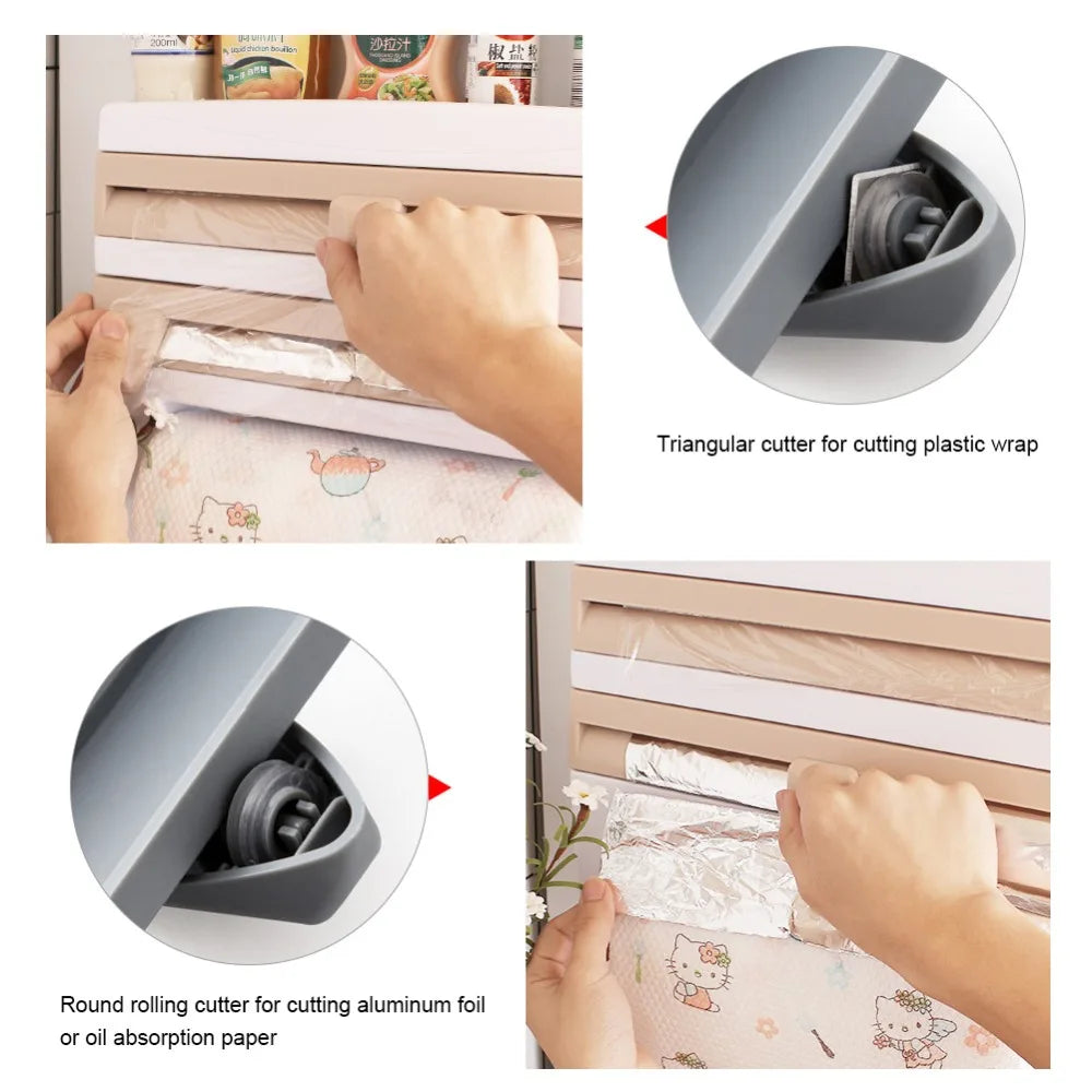 Large Food Cling Film Dispenser 4 In 1 Wall-Mounted Plastic Wrap Cutter Aluminium Foil Dispenser Kitchen Accessories Organizer