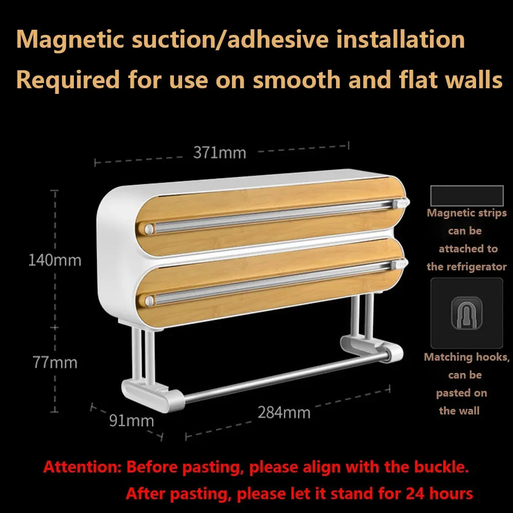 Large Food Cling Film Dispenser 4 In 1 Wall-Mounted Plastic Wrap Cutter Aluminium Foil Dispenser Kitchen Accessories Organizer